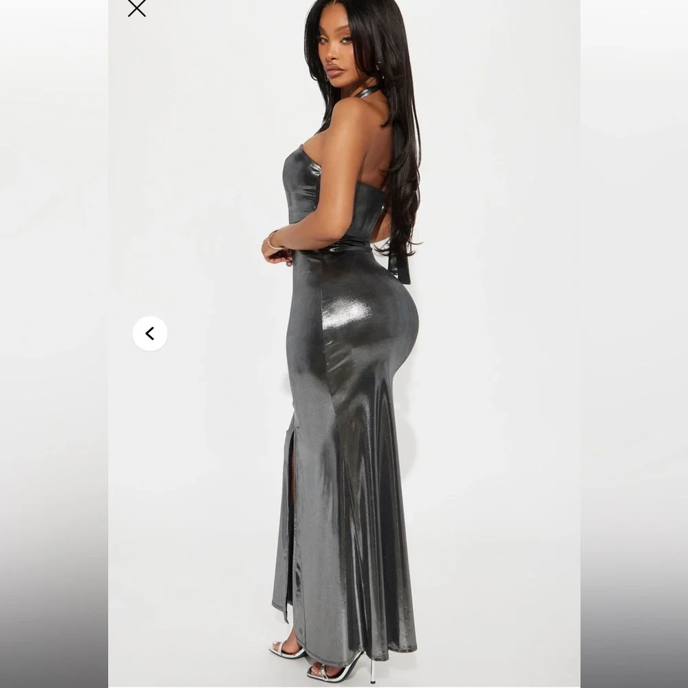 Fashion Nova Metallic Silver Halter Dress - Picture 3 of 3